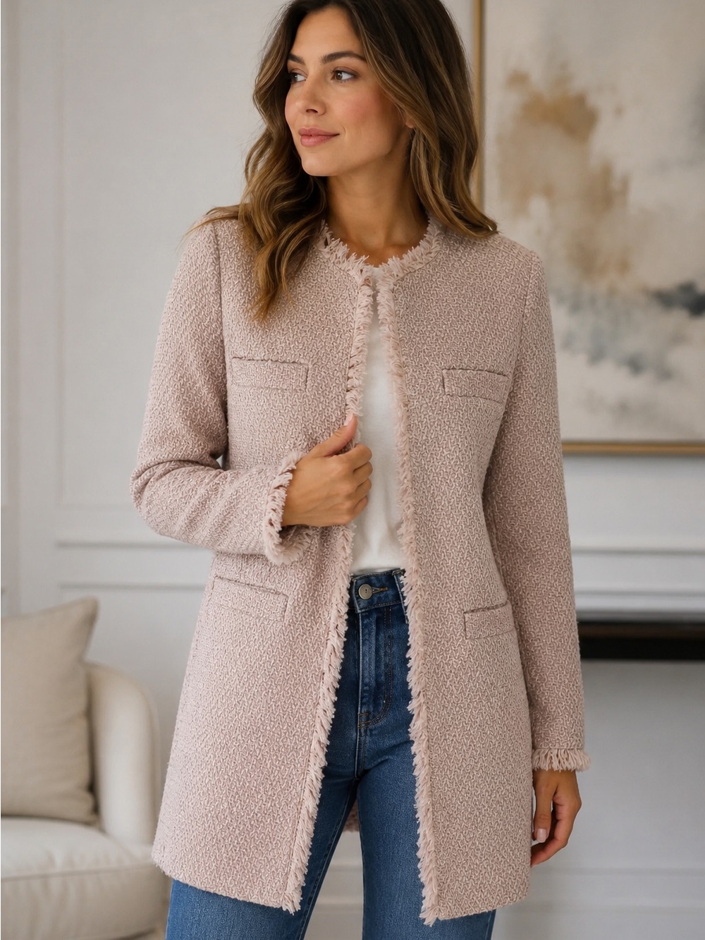 Tweed Open-Front Soft Pink Long Coat